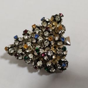 Vintage brooch pin Christmas tree multicolor rhinestone silver tone brooch pin